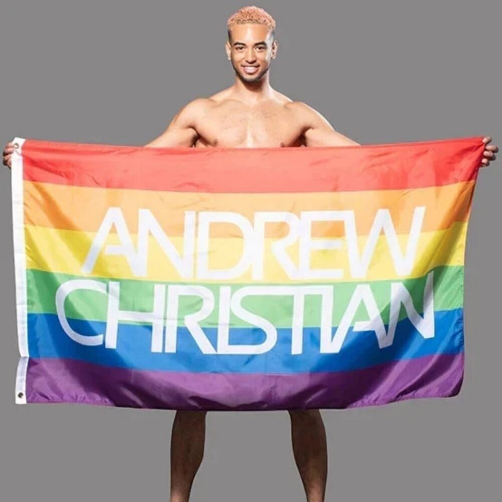 Andrew Christian  "LGBTQ" Striped PRIDE Flag - Rainbow Colors - 59"s L x 35.5"w